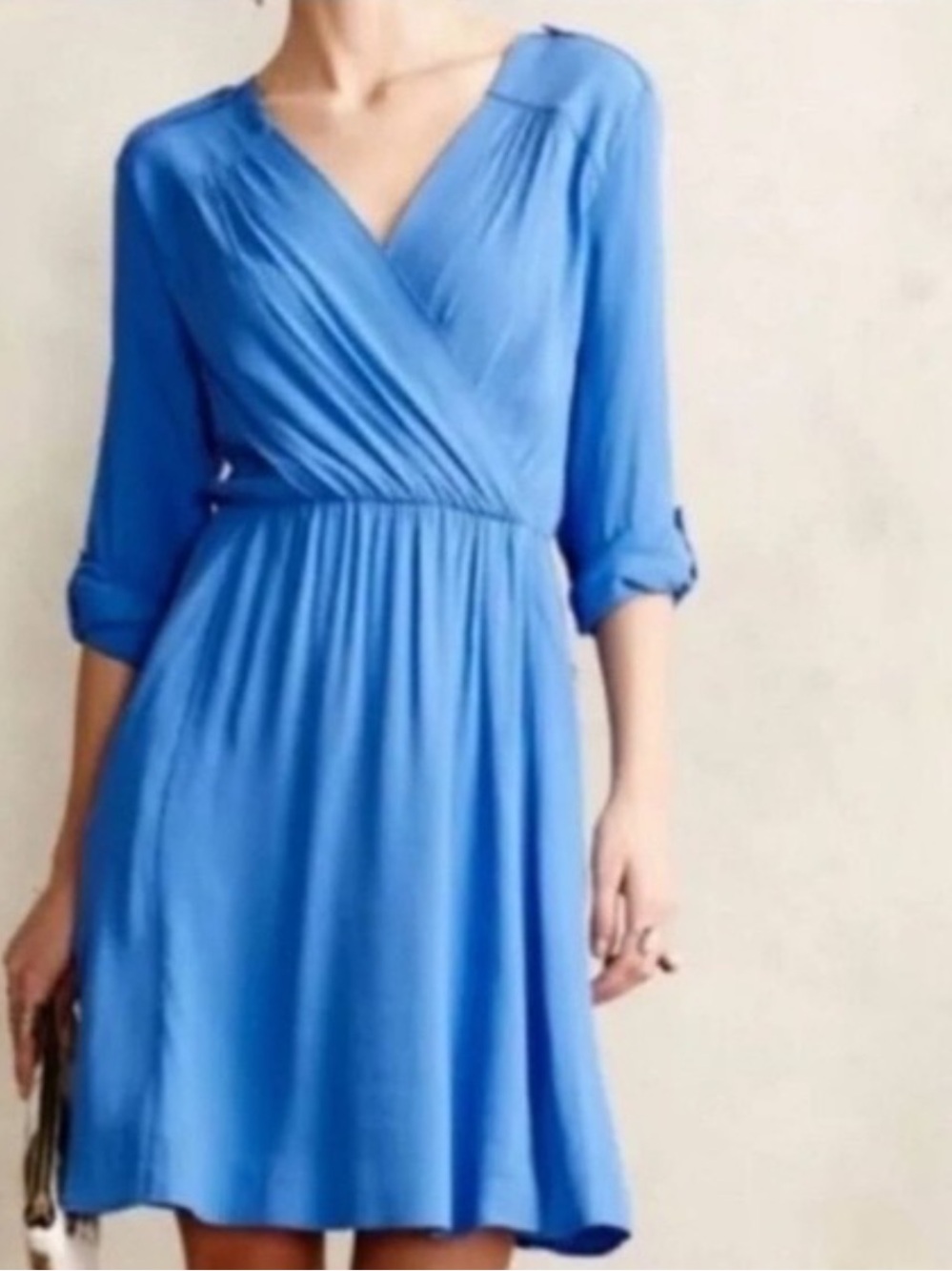 Anthropologie Maeve Cobalt Blue Wrap Dress with Full or Three-Quarter Sleeves
